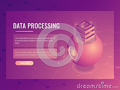 Big data processing concept, abstract futuristic cloud storage, server room, database, energy reactor isometric vector Vector Illustration