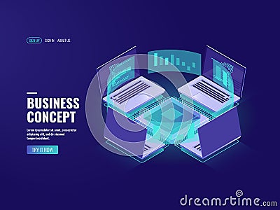 Big data processing, data visualization icon, datacenter and server room, internet network connection, information Vector Illustration