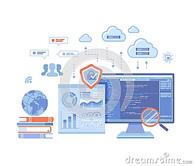 Big Data Processing. Infographic Analysis Analytics Database research. Financial reporting. Cloud storage. Communication technolog Vector Illustration