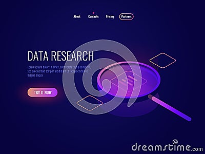 Big data processing isometric icon, magnifying glass, information searching and structuring, data sampling filtration Vector Illustration