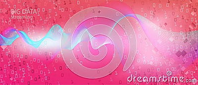 Big Data Sales Vector Landing Page. Matrix Falling Binary Code. Fractal Liquid Code Neon Tech Abstract Minimal Design. Blue Pink Vector Illustration
