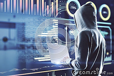Big data security concept with hacker back with laptop and hologram screen with stats data indicators Stock Photo