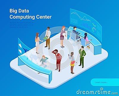 Big Data Statistics Analytics Computing Center Isometric Flat vector illustration. People standing sitting working with data Vector Illustration