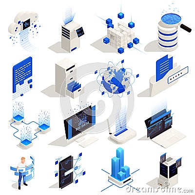 Big Data Isometric Icons Vector Illustration