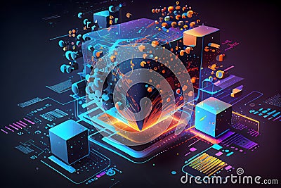 Big data technology background. Using a laptop against the background of visualization of a computer internet network, social Stock Photo