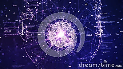 big data technology concept. The interconnected polygons form a prominent sphere in the center. binary code icon on pink and dark Stock Photo