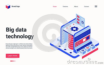 Big data technology isometric concept landing page, cartoon 3d tech database service Vector Illustration