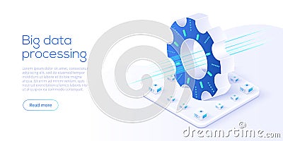 Big data technology in isometric vector illustration. Information storage and analysis system. Digital technology website landing Vector Illustration