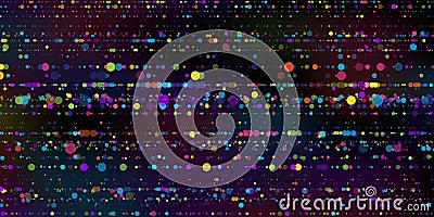 Big data visualization. An abstract data stream of stripes of multicolored round particle on dark background. Science Vector Illustration