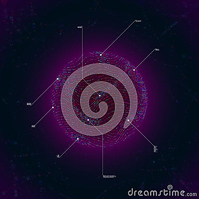 Big data visualization. Glow sphere with waving surface consist of particles. Callout elements. Science, technology Vector Illustration