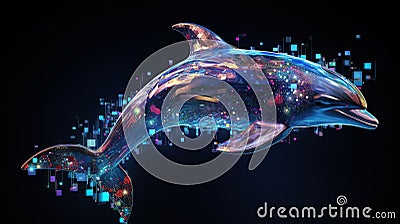 Big data visualization where a digital dolphin swims in the data stream. Futuristic background. Generative AI Stock Photo