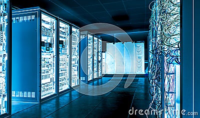 Big datacenter with connected servers and internet cables Stock Photo