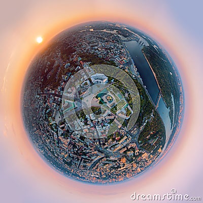 A big 360 degrees panorama in high resolution of the city of Kiev over the St. Michael`s Golden-Domed Monastery at Stock Photo