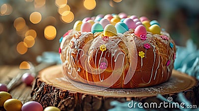 big delicious festive Easter bread, on a wooden desk with colored easter eggs, banner, poster Stock Photo