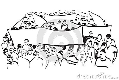 Big demonstration with flags and placates. Vector Illustration