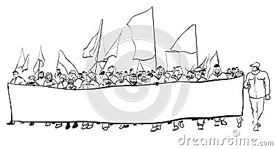 Big demonstration with flags and placates. Vector Illustration