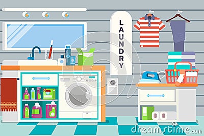 Big detailed Interior. Functional and comfortable bathroom. Laundry basket, clean cloth, washing machine, and detergents Vector Illustration