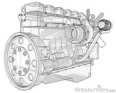 A big diesel engine with the truck depicted in the contour lines on graph paper. The contours of the black line on the white backg Stock Photo