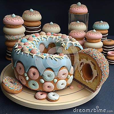 Big donut bundt birthday cake. Creative dessert concept. Ai generative Stock Photo