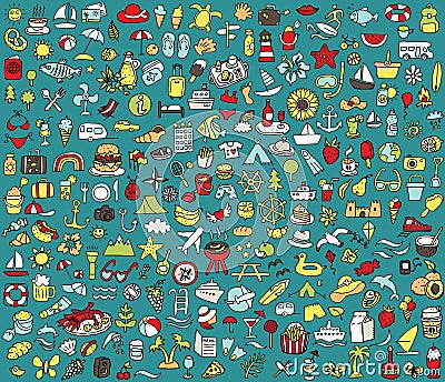 Big doodled summer and holidays icons collection Vector Illustration