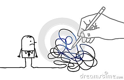 Big Drawing Hand with Cartoon Man - Tangled Path Vector Illustration