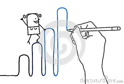 Big Drawing Hand with Cartoon Woman - Going Up Vector Illustration