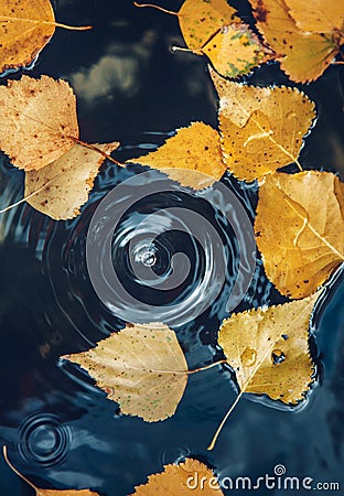 Big drop falling on puddle leaving a radial circles on surface with fallen yellow leaves on water Stock Photo