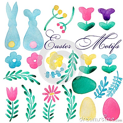 Big Easter Collection. Bunny, various decorative eggs, ribbons, greenery. Pink, green, yellow,blue paint. Hand drawn water color, Stock Photo