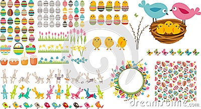 Big easter collection with eggs, birds and rabbits Vector Illustration