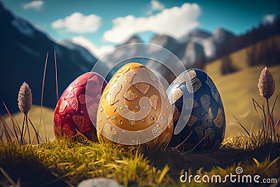 Big eastereggs on a meadow with mountains.generative ai Stock Photo