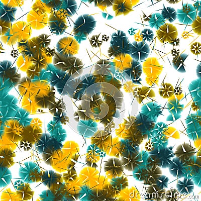 Medium electric blue, dark teal, yellow orange and dusty grey abstract flowers and strokes on the white background. Seamless Stock Photo