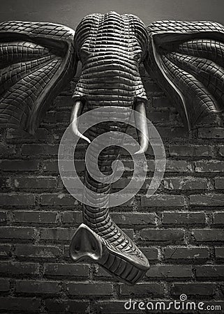 Big elephant head art statue on the brick wall d`riam riverside resort Bandung Indonesia Editorial Stock Photo