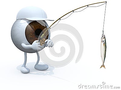 Big eyeball with arms and legs and fishing pole on hand Cartoon Illustration