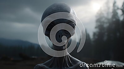 Big-eyed alien alive and unidentified object among fogs in forest, UFO design. Generative ai Stock Photo