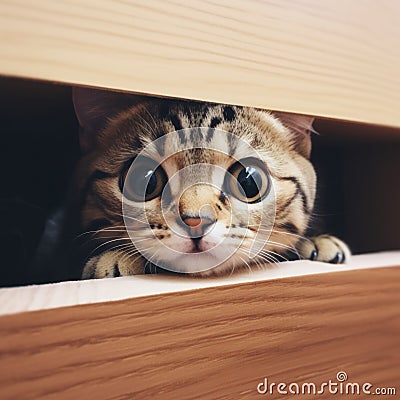 big eyed tabby cat peering through wooden slats Stock Photo