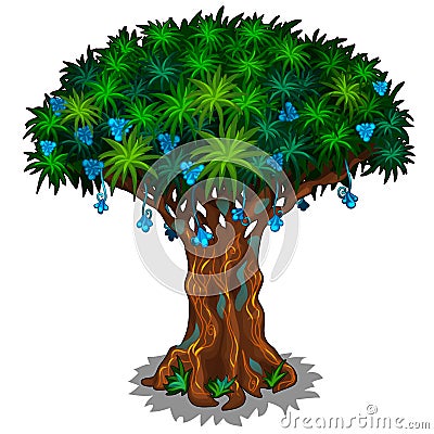 Big fairy tree with blue flowers and energy veins Vector Illustration