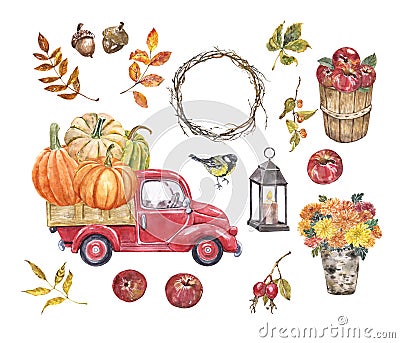 Watercolor fall set. Pumpkin truck, apples, leaves, berries, bird, wreath, flowers on white background. Autumn harvest Cartoon Illustration