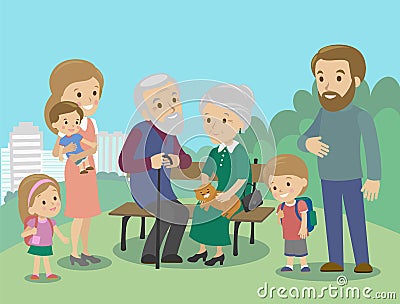 Big family characters with mother father grandmother grandfather kids baby child set. Vector. Familiar meeting in the Vector Illustration