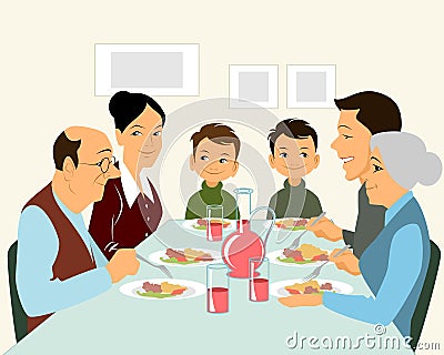Big family eating Vector Illustration