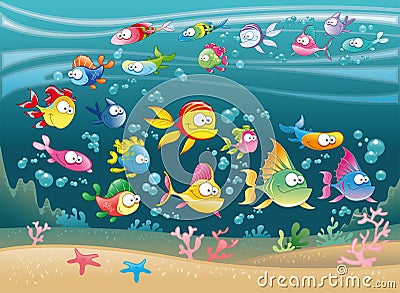 Big Family of Fish in the sea Vector Illustration