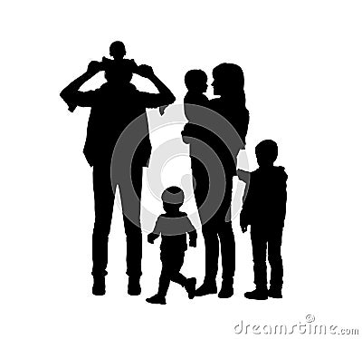 Big family of four children and two parents silhouettes Stock Photo