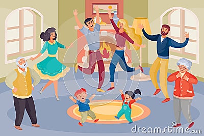 Big family of grandparents, grandchildren, parents, everyone dancing and having fun in a large room with large windows Vector Illustration