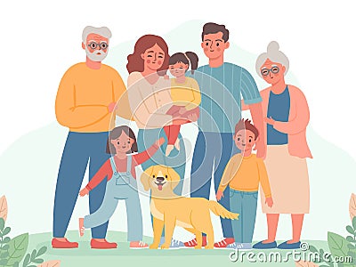 Big family. Happy parents, children, grandma and grandpa. Smiling dad, mom, kids and dog. Three generation standing Vector Illustration