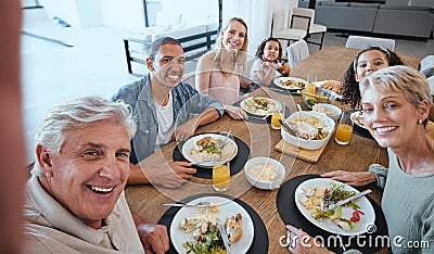 Big family, lunch and selfie with food on table in home dining room. Fine dining, happy memory and grandma, grandpa and Stock Photo