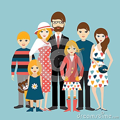 Big family with many children. Man and woman in love, relationship. Vector Illustration