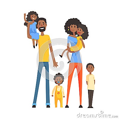 Big Family With Parents And Four Kids,Part Of Family Members Series Of Cartoon Characters Vector Illustration