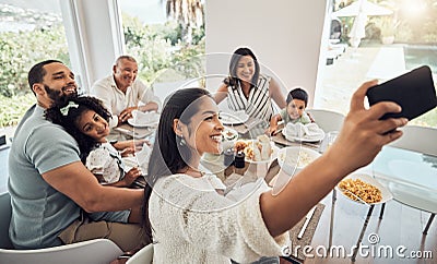 Big family, phone selfie and food in home, eating and spending time together on table. Generations, grandfather and Stock Photo