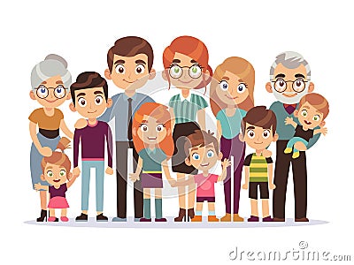 Big family portrait. Happy people character lifestyle mother father children grandparents teenagers kids dog, vector Vector Illustration