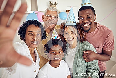 Big family, selfie smile and birthday portrait in home, having fun at party or celebration. Interracial, love or father Stock Photo