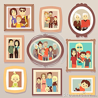 Big family smiling photo portraits in frames on wall vector illustration Vector Illustration